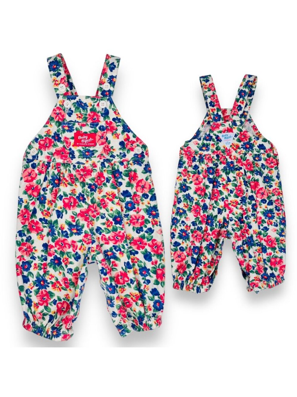 Vintage Oshkosh Pink Blue Floral Print Bubble Overalls Romper Outfit 3-6m